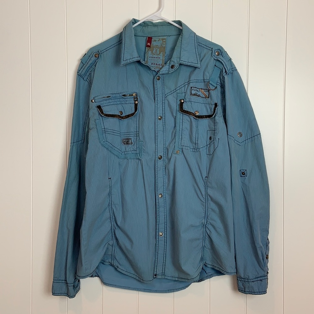 FUSAI Blue Men's Long Adjustable Sleeve Snap Closure Shirt Size XL